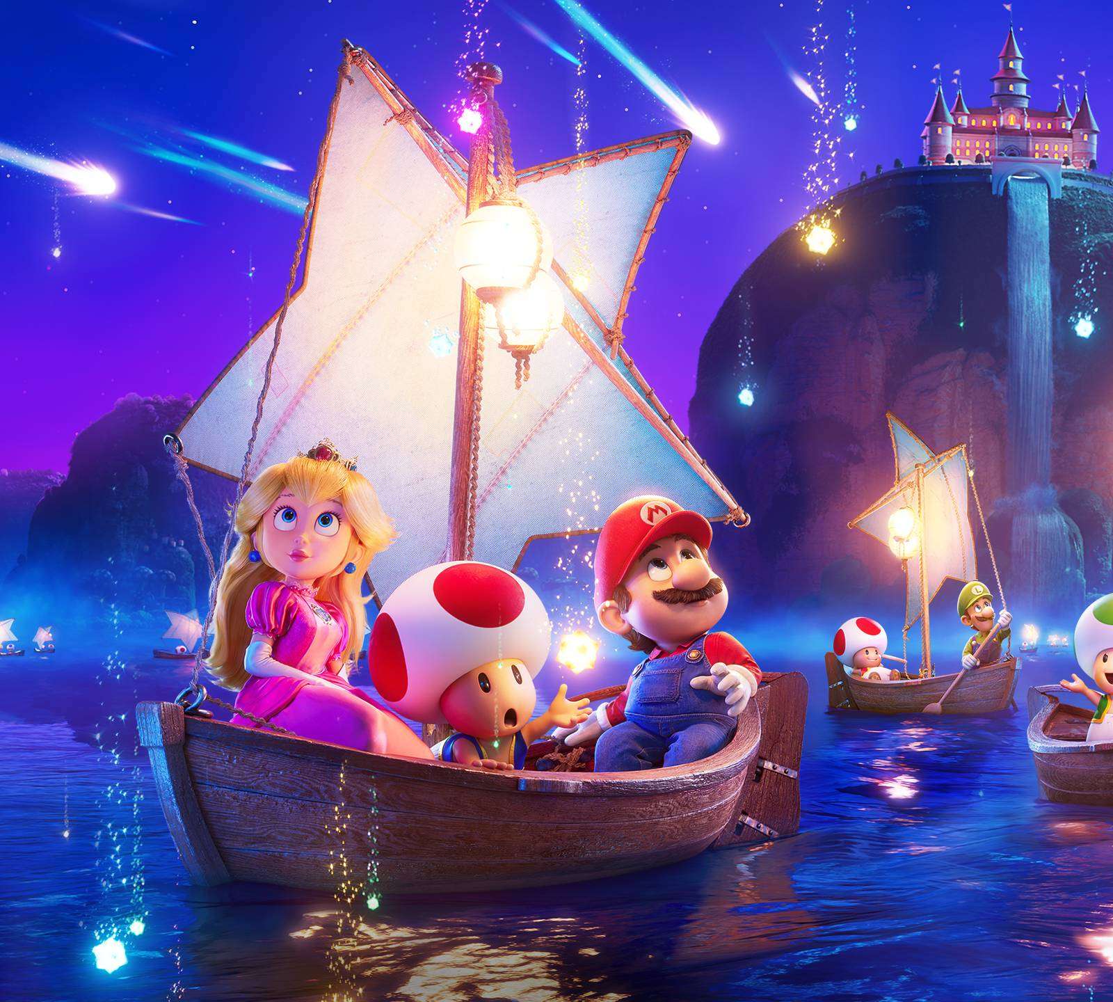 The Super Mario Galaxy Movie — Peach, Toad, and Mario sailing under the stars